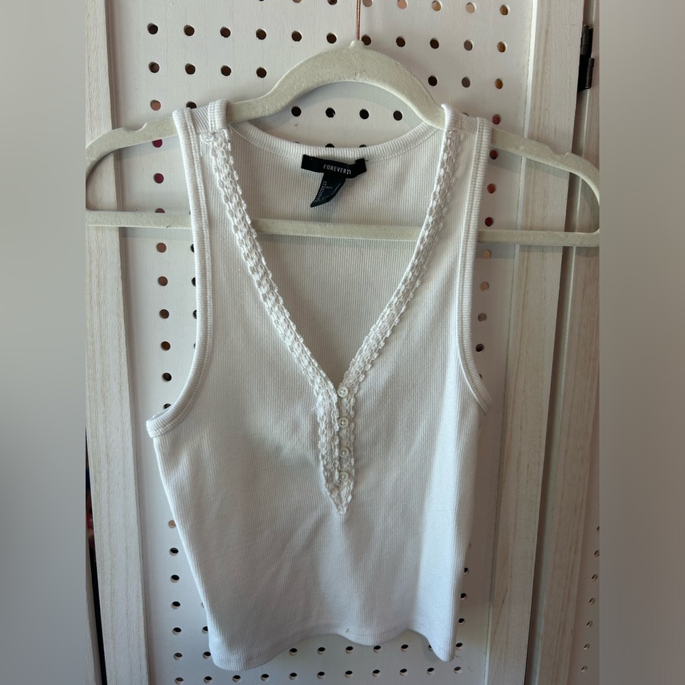 Forever 21 White Lace Trim Ribbed Tank Top